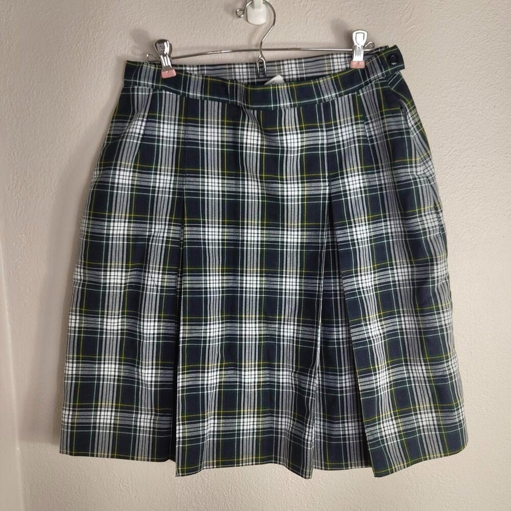 Vintage Green, Navy, White and Yellow Plaid Pleated Skirt